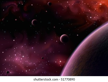 Realistic vector image of a space view near a big purple planet with several moons (AI-optimized EPS 8 file, other space views are in my gallery)