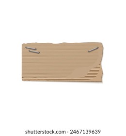 Realistic vector image of a torn piece of cardboard with staples. Frayed edge kraft paper is ideal for presentation layouts on a neutral, isolated background.