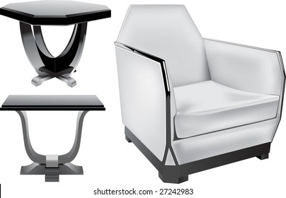 The realistic vector image of two tables and an armchair