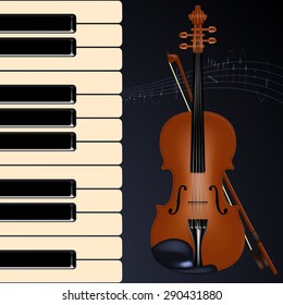 Realistic vector image of violin with bow. Piano keys.