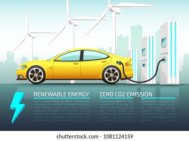 Realistic vector infographics illustration of electric car with charger. Isolated illustrations on urban background.