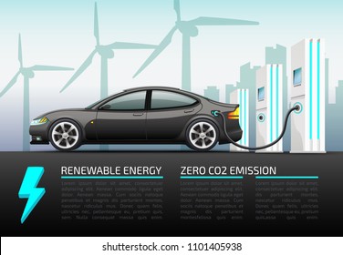 Realistic vector infographics illustration of electric car with charger. Isolated illustrations on urban background.