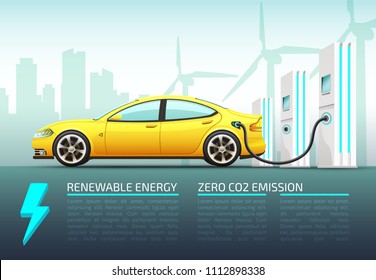 Realistic vector infographics illustration of electric car with charger. Isolated illustrations on urban background.