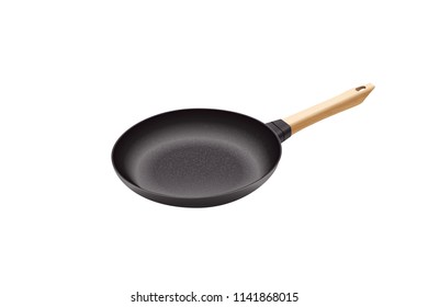 Realistic vector iron pan. Cast-iron pan with wooden handle.