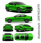 Realistic vector isolated 3d illustration green car blueprint in front, back, side and isometric view