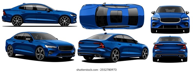 Realistic vector isolated blue car sedan blueprint