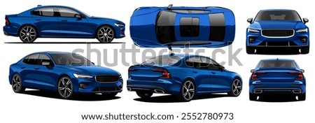 Realistic vector isolated blue car sedan blueprint