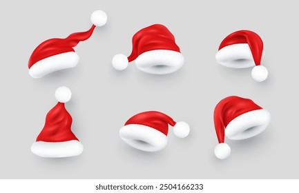 Realistic vector isolated Christmas Santa Claus red hat collection. New Year decoration elements set.