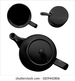 
Realistic vector, isolated image of black ceramic tableware. Top view of a teapot, cups and containers. Modern porcelain tea service.