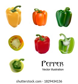 
Realistic vector, isolated image of vegetables. Yellow, red, green and orange peppers. Top, side and straight view. Whole and chopped peppers.