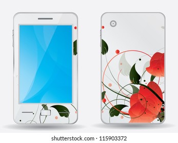 Realistic vector  isolated  mobile phone with designer's floral ornamental elements and swirls texture