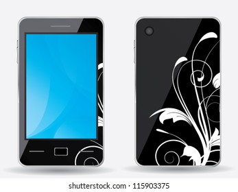 Realistic vector  isolated  mobile phone with designer's floral ornamental elements and swirls texture