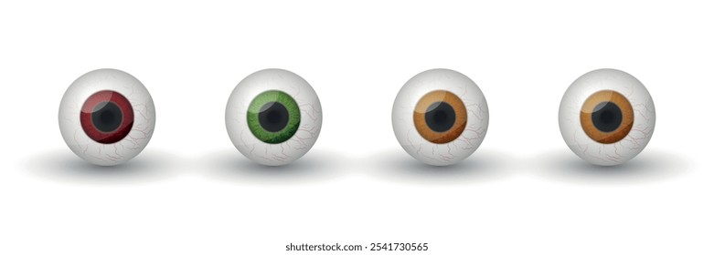 Vetor realista isolado redondo Eyeballs conjunto com várias cores da pupila. Modelos de design de Halloween. Designs assustadores. Ícones de olho. Decorações de terror, arte assustadora, ilustrações assustadoras para festa de Halloween