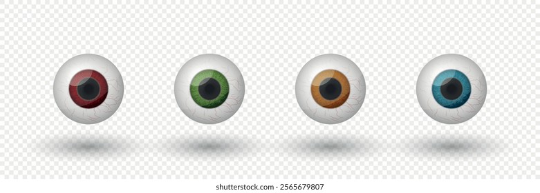 Realistic Vector Isolated Round Eyeballs Set with Various Pupil Colors. Halloween Design Templates. Spooky Designs. Eye Icons. Horror Decorations, Scary Art, Creepy Illustrations for Halloween Party