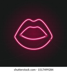 Realistic Vector. Isolated Sign Of Neon Pink Open Mouth At Brick Wall Bacground. Sexy Lips Symbol.