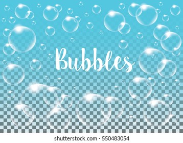 Realistic vector isolated Soap Bubbles. Label for liquid detergent.