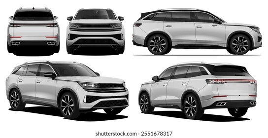 Realistic vector isolated white car blueprint in transparent background