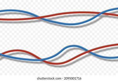 Realistic vector isolated wires. PNG wires, png twisted wires, network, communication, cable, red and blue wire.