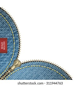 Realistic vector jeans background with stitch effect and zipper. Design with space for your text.