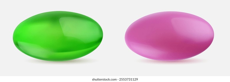 Realistic vector jelly, marmalade dessert or glossy candy in bright cartoon style. Gelatin food isolated on white background.