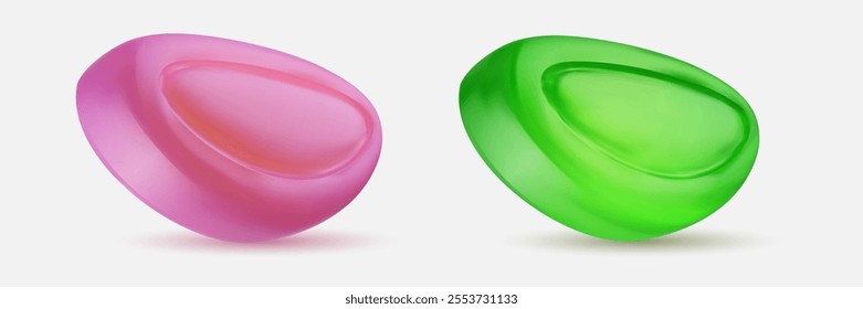 Realistic vector jelly, marmalade dessert or caramel candy in bright cartoon style. Gelatin food in green and pink color isolated on white background.