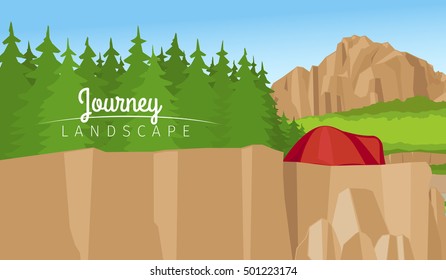 Realistic vector journey landscape horizontal background. Mountain and forest