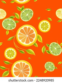 Realistic vector juicy lemon illustration element tropical delicious fruit with bright pantone background color sets summer style seamless pattern designed for mens and womenswear swimwear outwear 