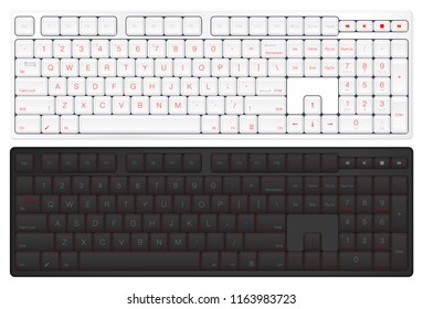 Realistic Vector Keyboard. Top View Computer Keyboard. Black and White with Red Version