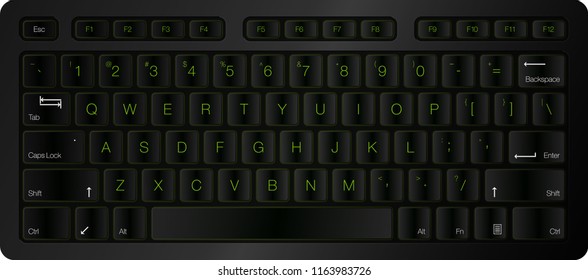 Realistic Vector Keyboard. Top View Computer Keyboard with Green Glowing