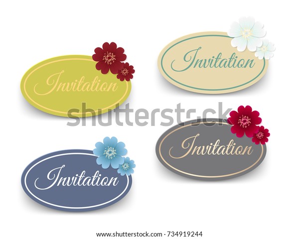 Realistic Vector label oval shape with frame and\
flower for you wedding invitation or greeting card design\
illustration. Different colors. Realistic paper sticker or web\
banner template with\
shadow