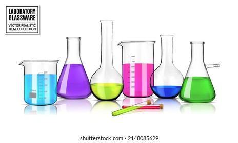 Realistic vector laboratory glassware with liquids of different colors with reflections on table. 3d illustration