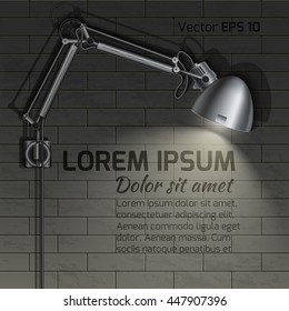 Realistic vector. The lamp shines on a brick wall. Lighting wall. The warm glow of light.