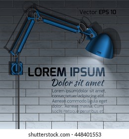 Realistic vector. The lamp shines on a brick wall. Lighting wall. Cold light illumination.