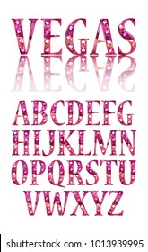 Realistic vector lamps alphabet, font set, retro style, red-pink colors. Vector illustration