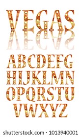 Realistic vector lamps alphabet, font set, retro style, gold colors. Vector illustration