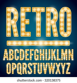 Realistic vector lamps alphabet, font set, retro style, yellow gold colors.