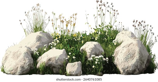 Realistic vector landscape with grass, nature rocks, flower position, scenic view, grassland, wildflower, realistic terrain, outdoor scene, beautiful nature setting
