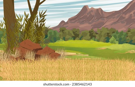 Realistic vector landscape with a meadow with tall dry grass, red stones and trees. Valley at the foot of a mountain range. Landscape of Australia.
