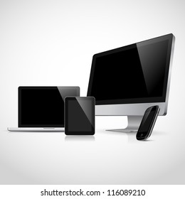 Realistic Vector Laptop, Tablet Computer, Monitor And Mobile Phone Template