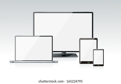 Realistic vector laptop, tablet computer, monitor and mobile phone