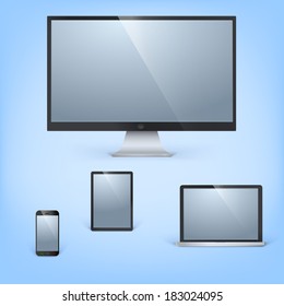 Realistic vector laptop, tablet computer, monitor and mobile phone template