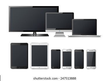 Realistic vector laptop, tablet computer, monitor and mobile phone template.