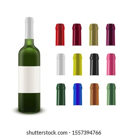 Realistic vector layout of a wine bottle and a wine collection of plastic bottle caps of different colors.