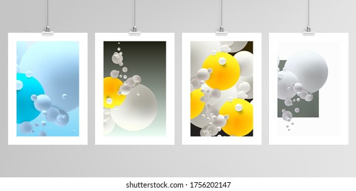 Realistic vector layouts of A4 format mockup design templates for brochure, flyer, cover design, book, magazine, brochure, poster. Abstract composition with 3d balls or spheres.
