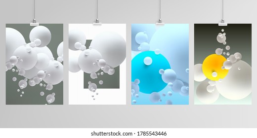 Realistic vector layouts of A4 format mockup design templates for brochure, flyer, cover design, book, magazine, brochure, poster. Abstract composition with 3d balls or spheres.