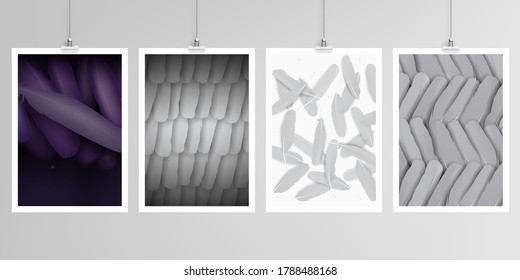 Realistic vector layouts of A4 format mockup design templates for brochure, flyer, cover design, book, magazine, brochure, poster. Feathers, birds plumage in abstract style. Graphic pattern.
