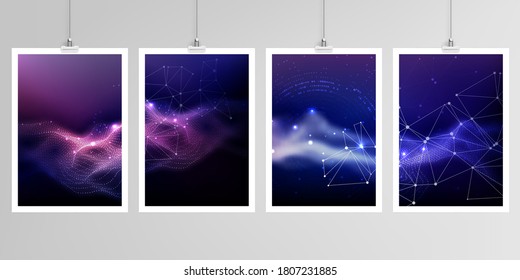 Realistic vector layouts of A4 format mockup design templates for brochure, flyer, cover design, book, magazine, brochure, poster. Digital data visualization, polygonal science dark background.
