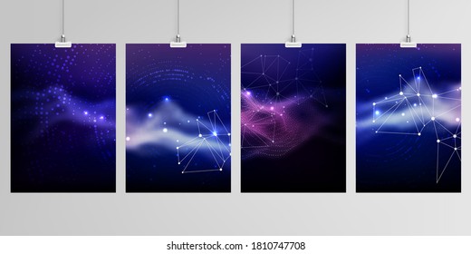 Realistic vector layouts of A4 format mockup design templates for brochure, flyer, cover design, book, magazine, brochure, poster. Digital data visualization, polygonal science dark background.