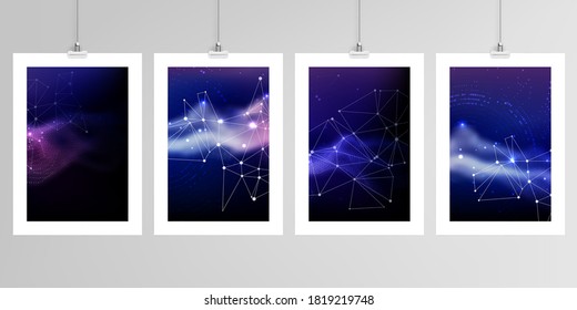 Realistic vector layouts of A4 format mockup design templates for brochure, flyer, cover design, book, magazine, brochure, poster. Digital data visualization, polygonal science dark background.
