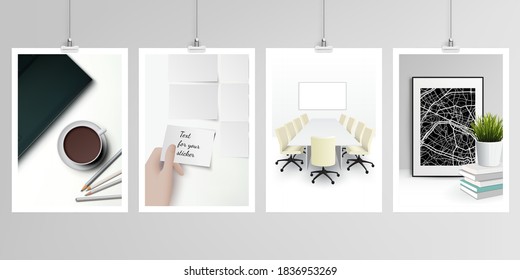 Realistic vector layouts of A4 format mockup design templates for brochure, flyer, cover design, book, magazine, brochure, poster. Home office concept, study or freelance, working from home.